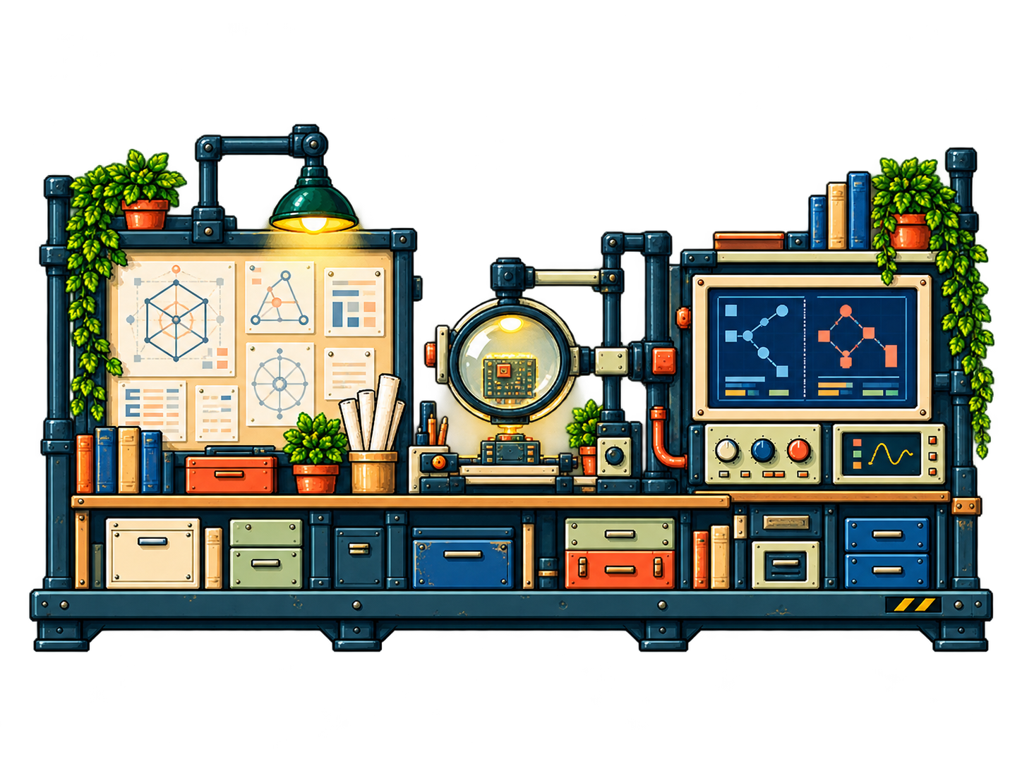A front-facing research station studies schematics and alternative technical routes.